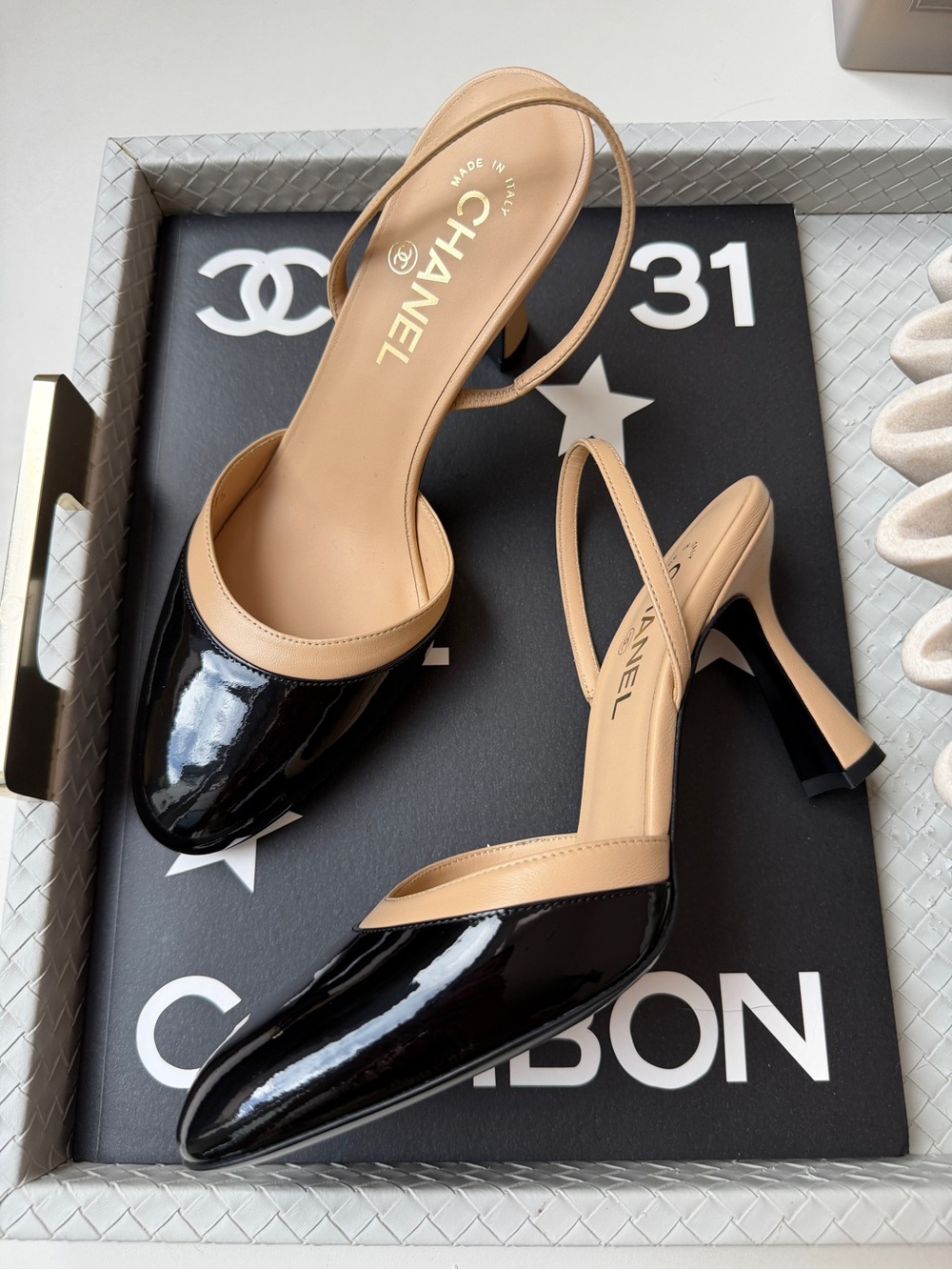 CHANEL SS 26 BLACK BEIGE 2 TONE LEATHER PATENT HEELS SLINGBACKS PUMPS SHOES 38